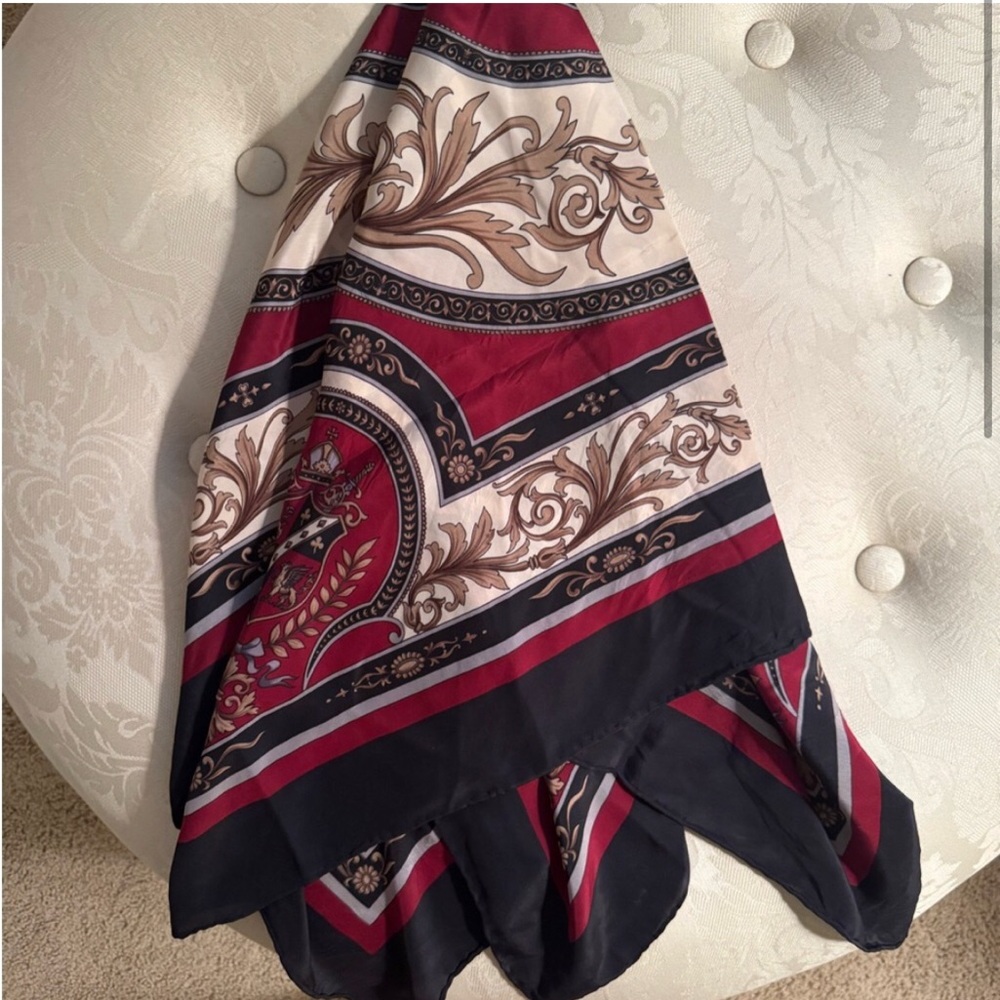 Vintage Silk Square 33” Scarf with Paisley Design Red Cream Blue Black Brown